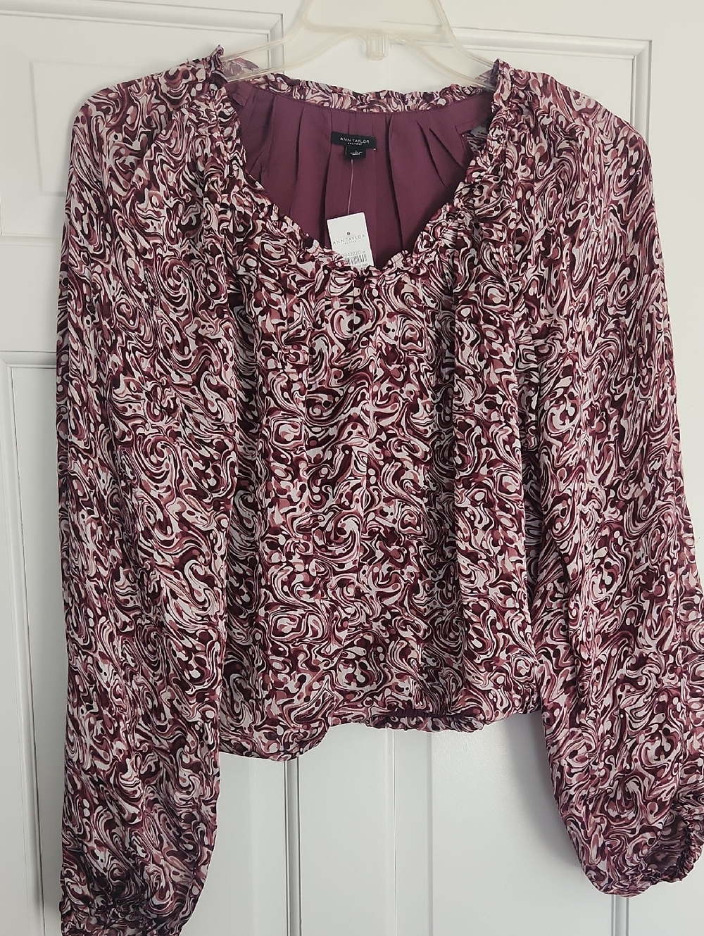 Ann Taylor Factory Burgundy and Cream Swirl Ruffle-Neck Blouse